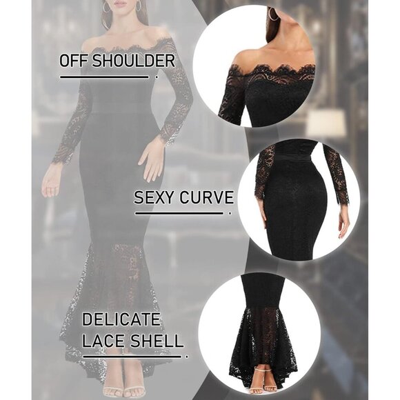 Women's Black Floral Lace Long Sleeve Off Shoulder Wedding Mermaid Dress - Picture 5 of 6